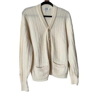 Vintage 60s Cream Golden Arrow Worsted Wool Knit Cardigan Fisherman Sweater